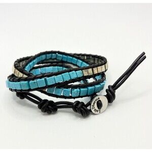 Lulu Dharma Wrap Bracelet Blue Square Beads Simulated Turquoise Black Cord Boho